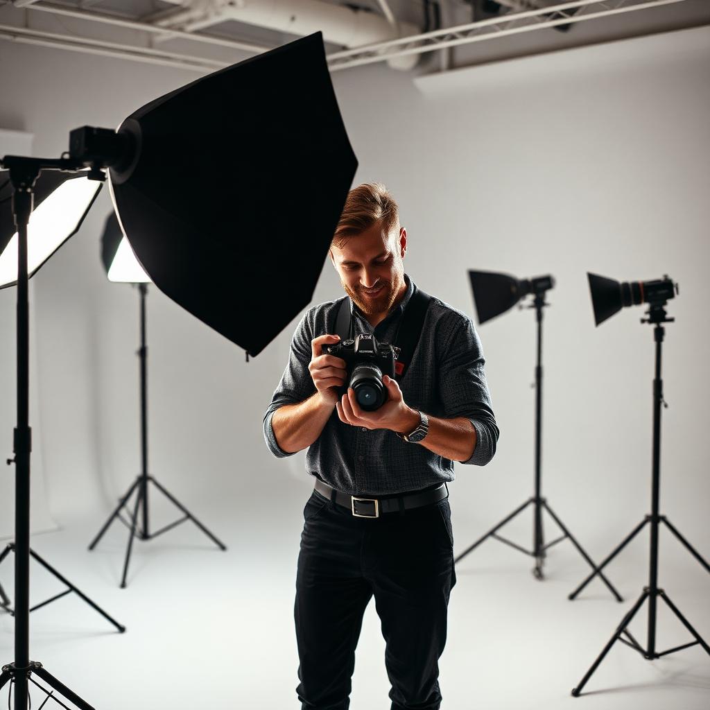 Fotógrafo profesional trabajando en un estudio luminoso